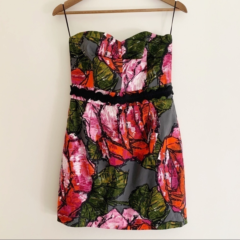 Trina Turk Bold Floral Print Silk Blend Strapless Mini Dress Sz 6 Cocktail Party